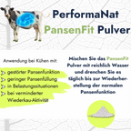 PansenFit Pulver Infografik. Futteraufnahme und Eingabe. Pulver mit reichlich Wasser mischen und täglich bis Wiederherstellung geben.