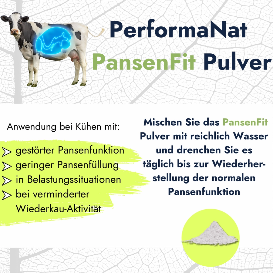 PansenFit Pulver Infografik. Futteraufnahme und Eingabe. Pulver mit reichlich Wasser mischen und täglich bis Wiederherstellung geben.